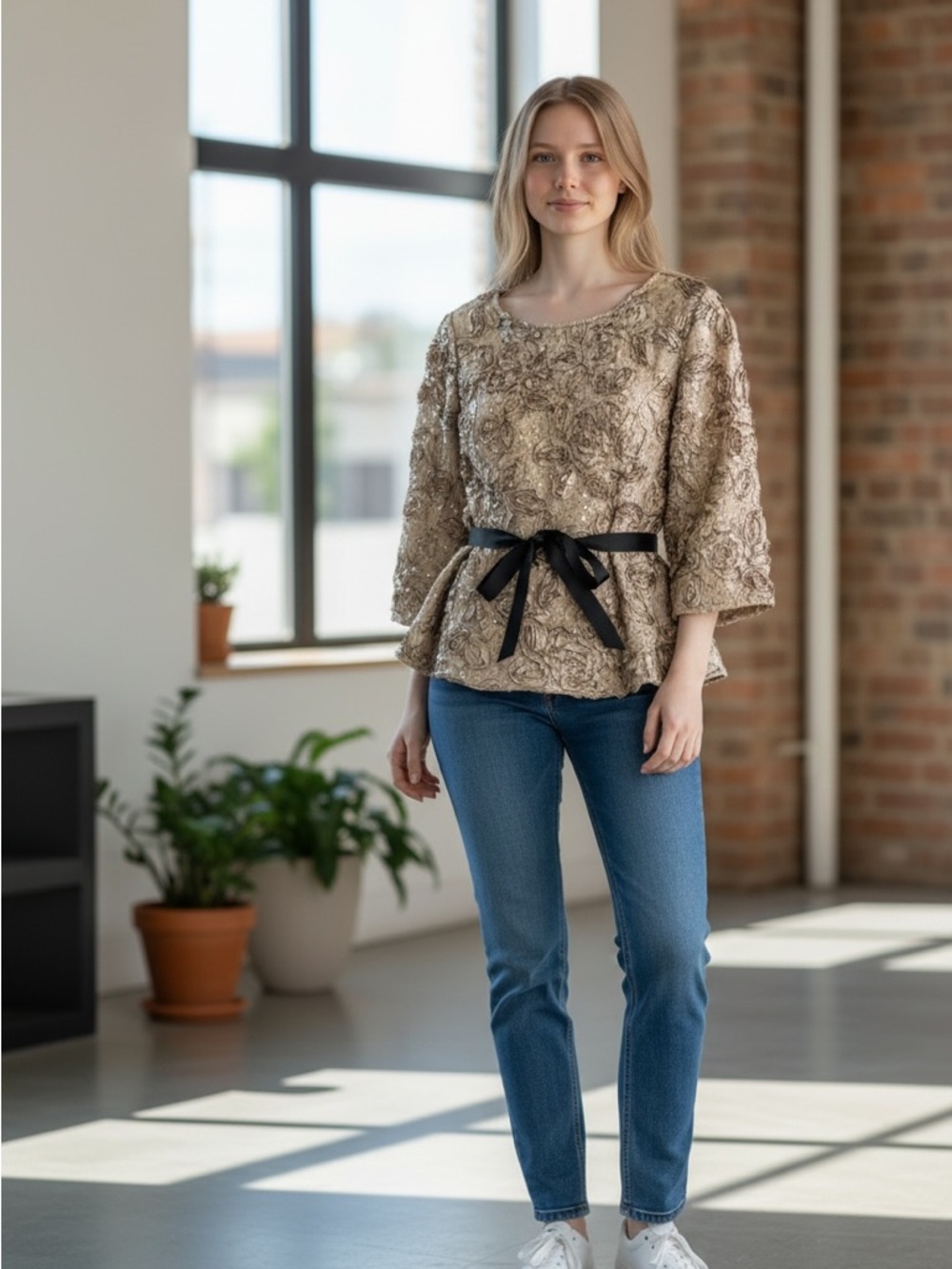 Alex Evenings Textured Floral Sequin Peplum Top with Black Ribbon Belt